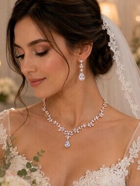 New Bridal 18k Rose Gold Finish Austrian Crystal Necklace and Earring Set